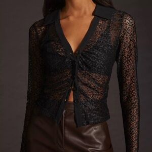 Anthropologie Maeve Black Lace Button Down Shirt XS